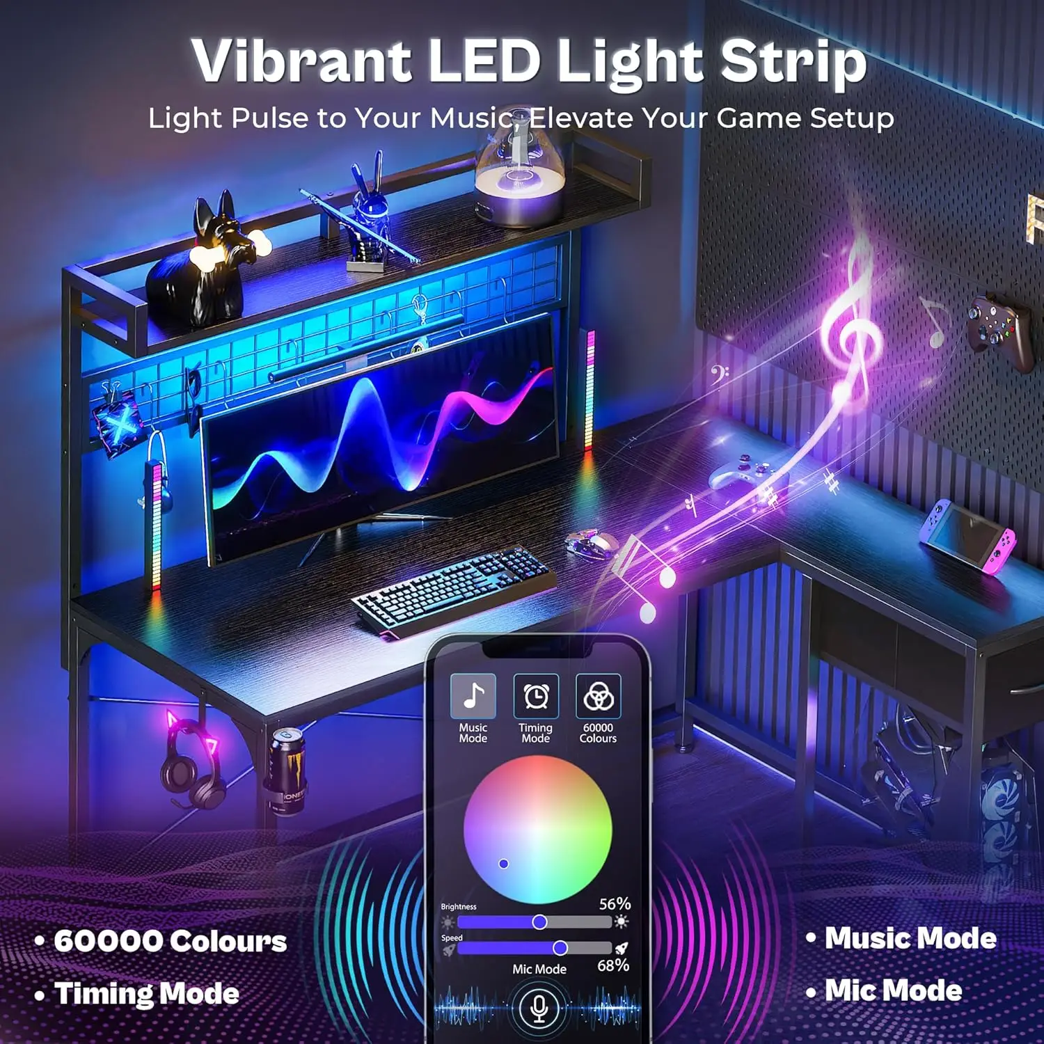 L Shaped Gaming Desk with Shelves, Corner Computer Table with LED Lights, Power Outlets and USB-C Ports, 50 Inch Reversible Home