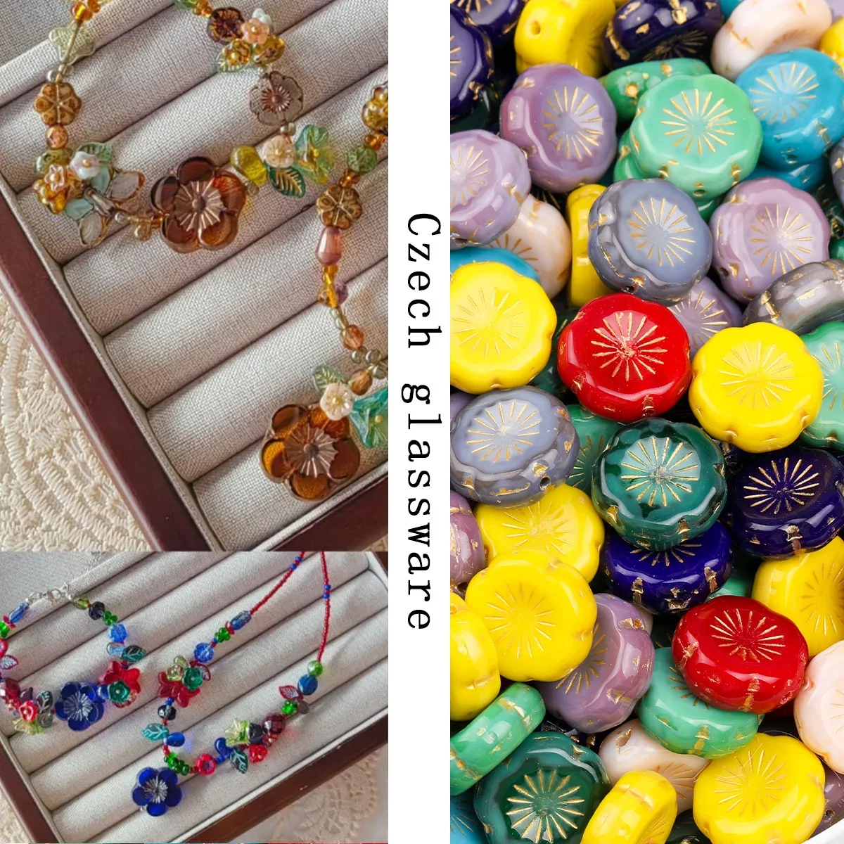 10/15pcs Random Color Gold Line Flower Glass Beads 15mm Loose Beads For DIY Bracelet Necklace Hair Accessories Craft Making