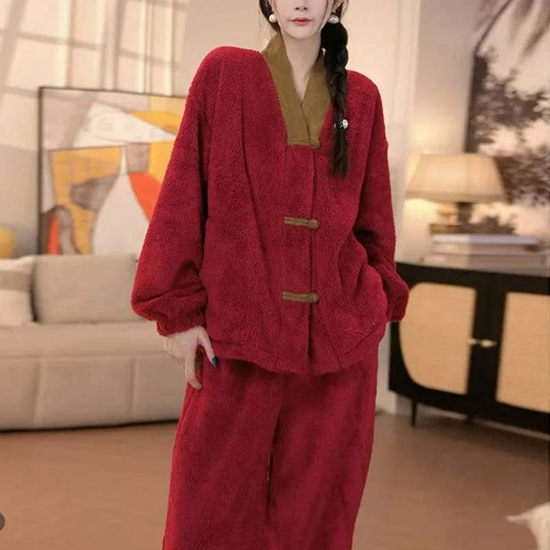 

Chinese Style Pajamas for Women 2025 New Winter Thickened Warm Coral Fleece Home Clothing Set Casual Womens Pijamas