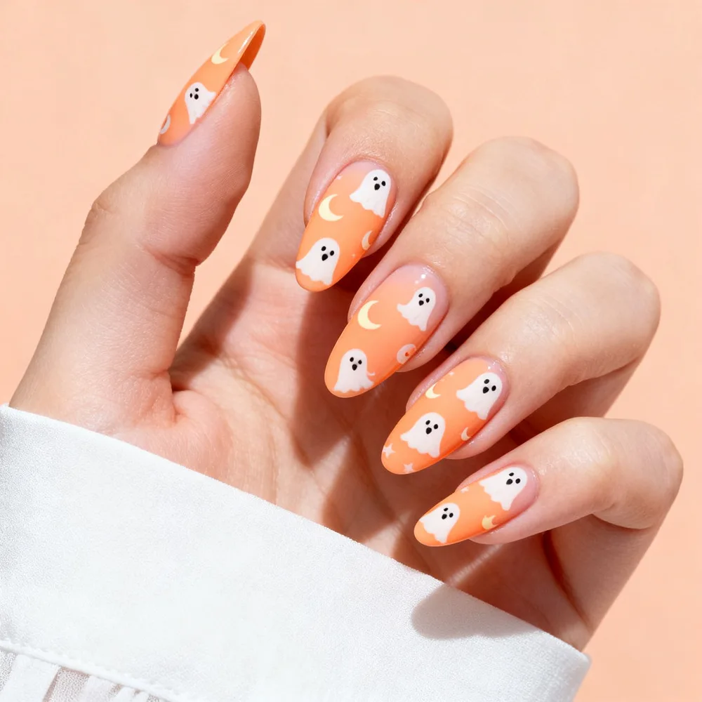 ins wind Halloween wearing nail orange ghost star moon nail patch almond hand-painted finished nail piece