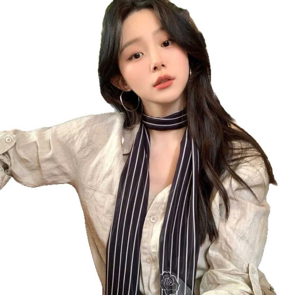 

New Black White Striped French Style Scarf Ribbon Style Long Length Long Scarf Elegant Striped Scarf Women Fashion