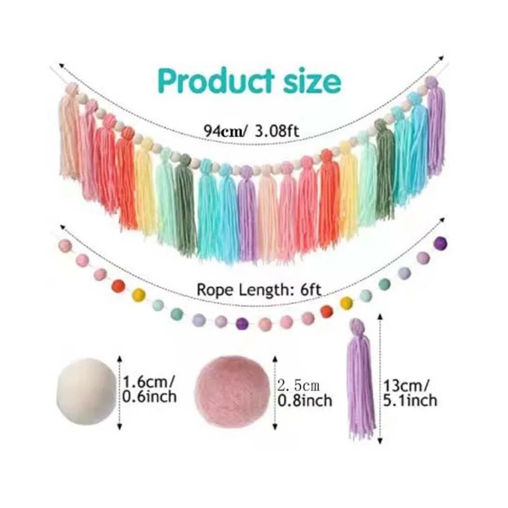 1pc Boho Colorful Rainbow Tassel Garland Handmade Wooden Bead Banner Home Festival Party Decoration Wall Hanging Banner
