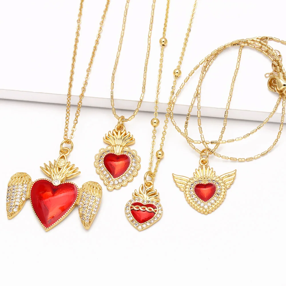 FLOLA minuscule coeur rouge colliers pour femmes CZ cristal coeur ailes colliers Couple bijoux saint valentin cadeaux nkeu98