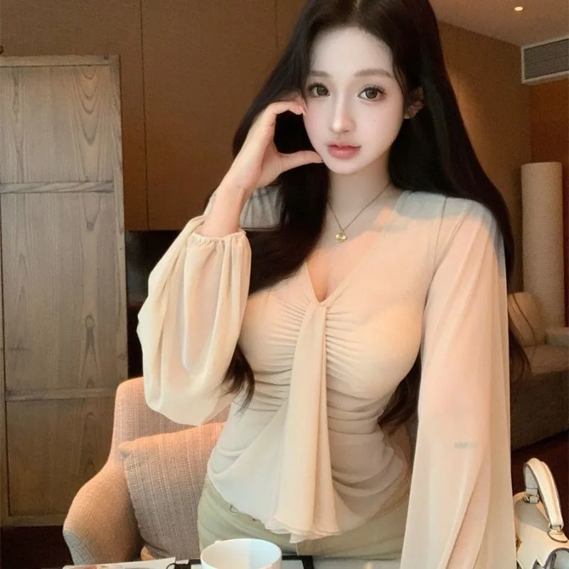 

Slim Pleated V-neck Stretchy Lantern Long Sleeve Blouse Ropa De Mujer Autumn Women's Clothing Feminina Camisetas