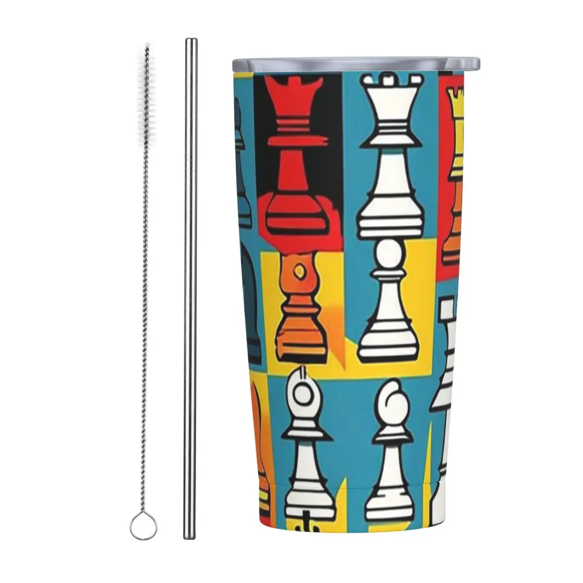 Cartoon Chess Pattern Stainless Steel Tumbler Vacuum Insulated Mugs Thermal Cold Cup Straws With Lid 20oz