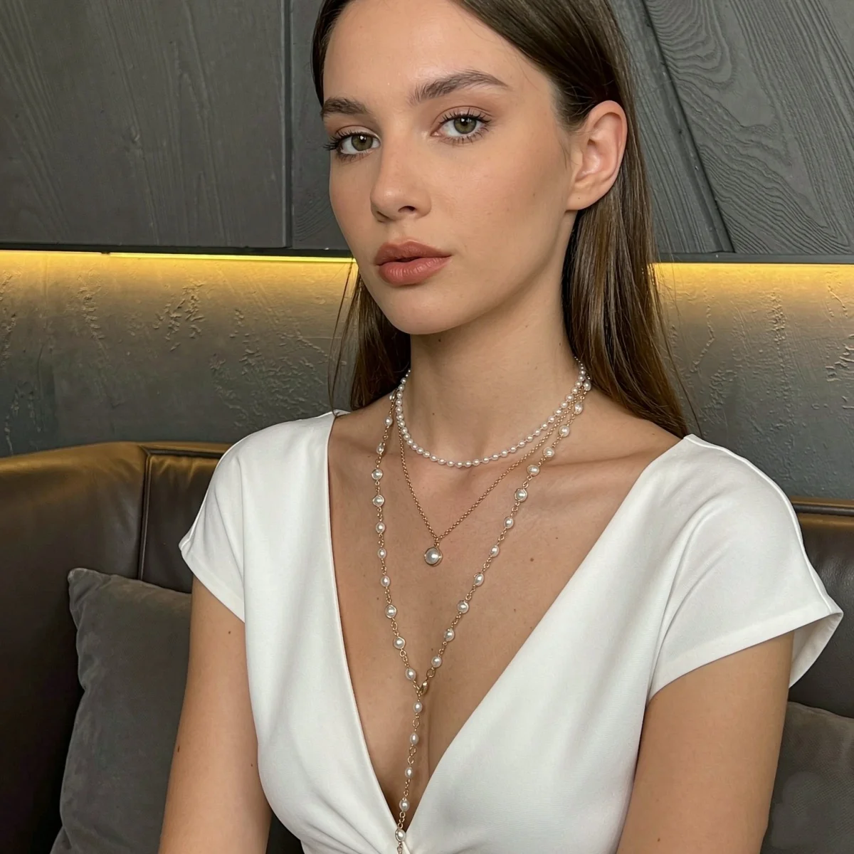Vintage Elegante Simulierte Perlen-Halskette für Damen, Mehrschichtige Y-förmige Pulloverkette, Choker, Hochzeitsschmuck – Detail 4