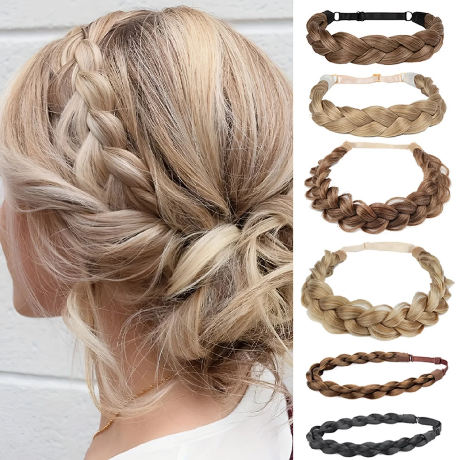 

Braided Headband Adjustable Size Handmade Braid with Anti-slip for Girls Elastic Strap Synthetic Hairpieces Hair Accessories