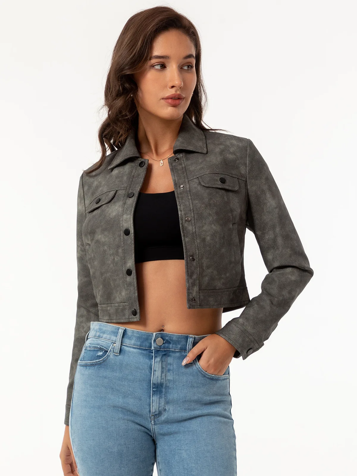 

2025Spring Autumn New Style Women's Thin Leather Jacket Casual Cardigan with Multiple Pockets