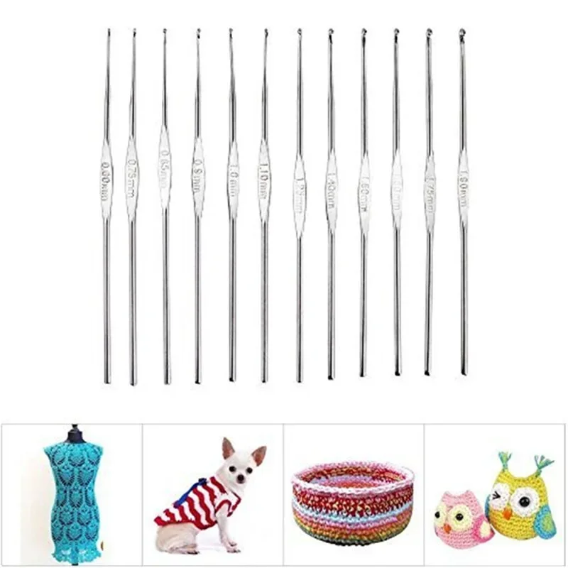 Metal Handle Crochet Hook Knitting Needles Set Small Sizes 0.6-1.9mm DIY Lace Crochet Needles for Yarn Weave Tools Safety Pins