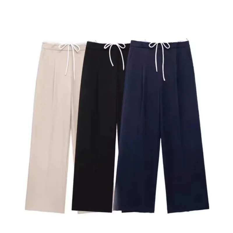 

American Style Fashion Casual Double-Layer Waistband Design Straight Wide-Leg Pants