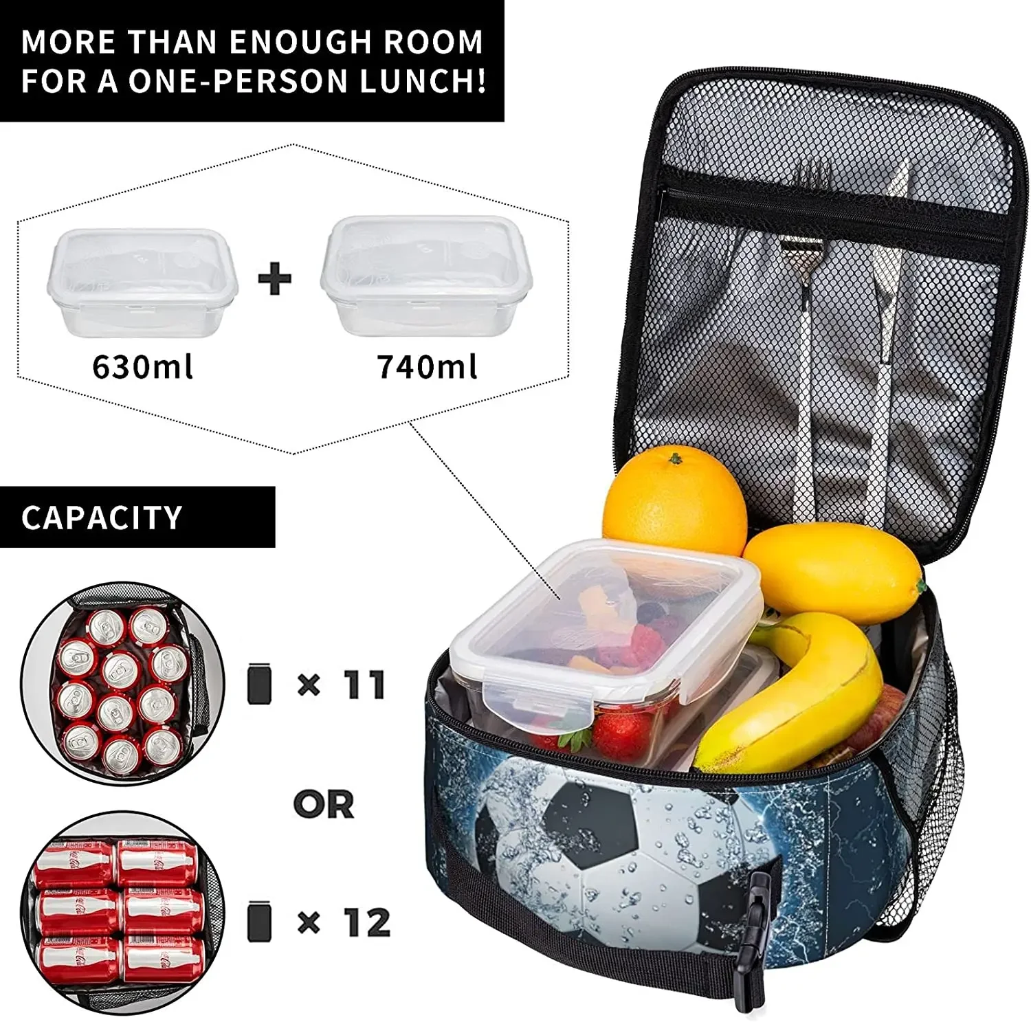 Soccer Ball on Water Printed Lunch Bag Insulated Lunch Box Cooler Tote for Office Work