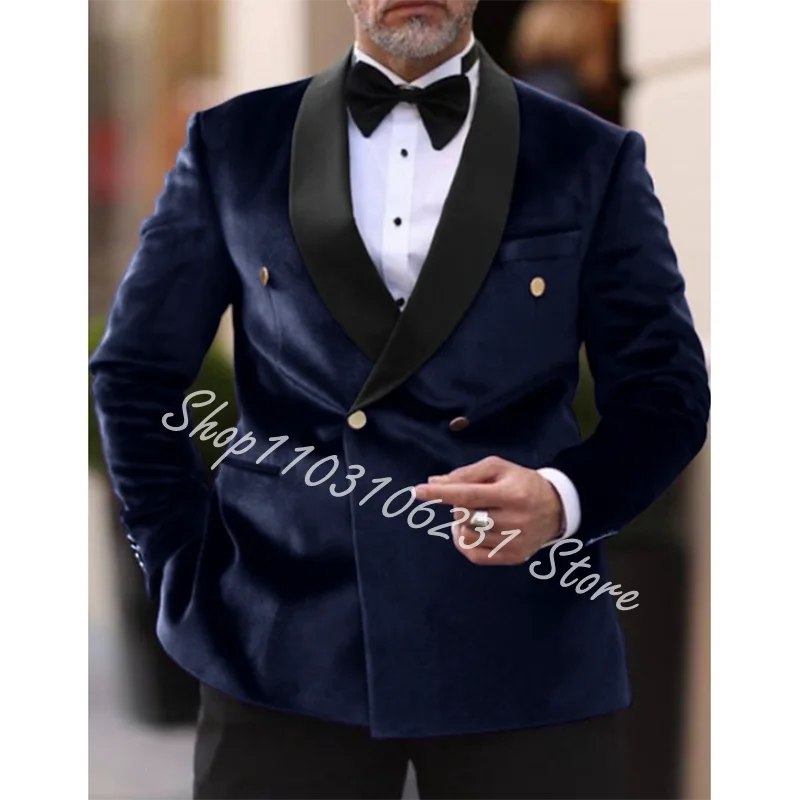 Burgundy Men's Velvet Vintage Suits Formal Double Breasted Blazer Pants Groomsmen Bridegroom Wedding Tuxedos Trajes De Hombre