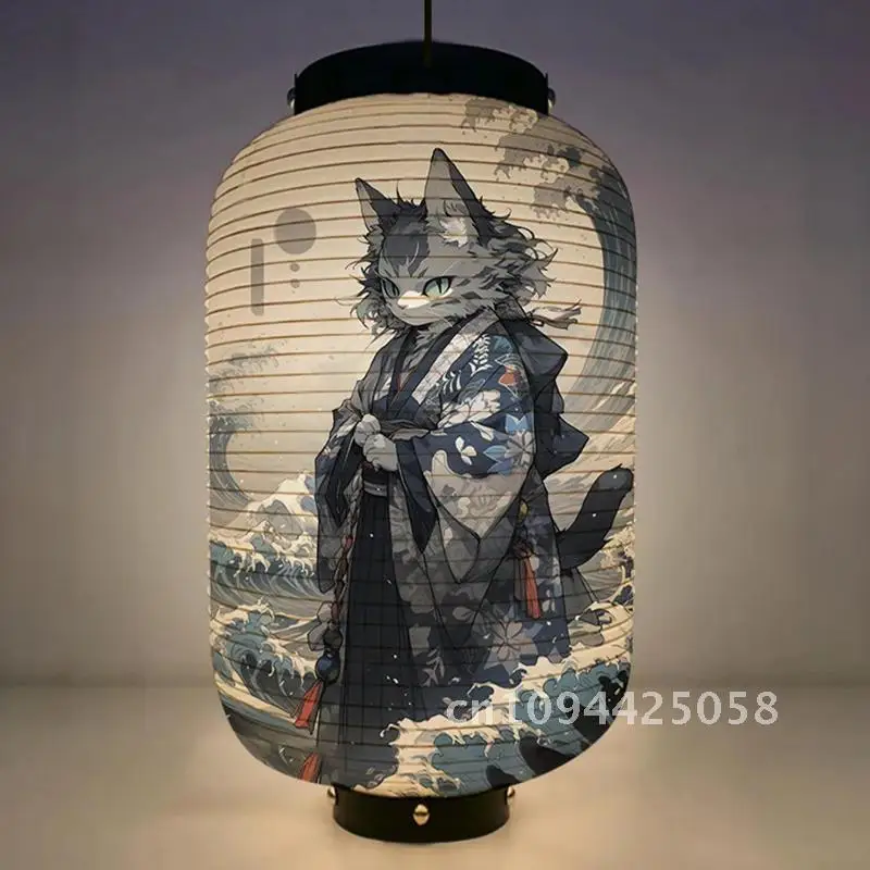 

Japanese Kimono Samurai Cat Art Pattern Lantern Restaurant Izakaya Cuisine Decor Advertising Sign Ukiyo-e Style Paper Lantern