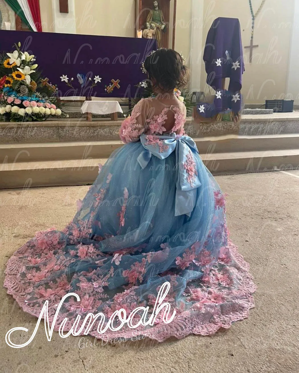 

Blue Full Sleeves Flower Girl Dress For Wedding Lace Appliques Girl Birthday Party with Bow First Communion Gowns Customized