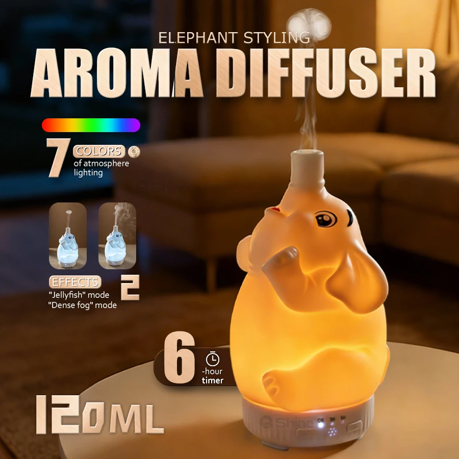

Elephant Shape Aroma Humidifier, Essential Oil Diffuser, 7 Color Light, 2 Timers, Jellyfish & Heavy Mist Modes, Quiet for Home