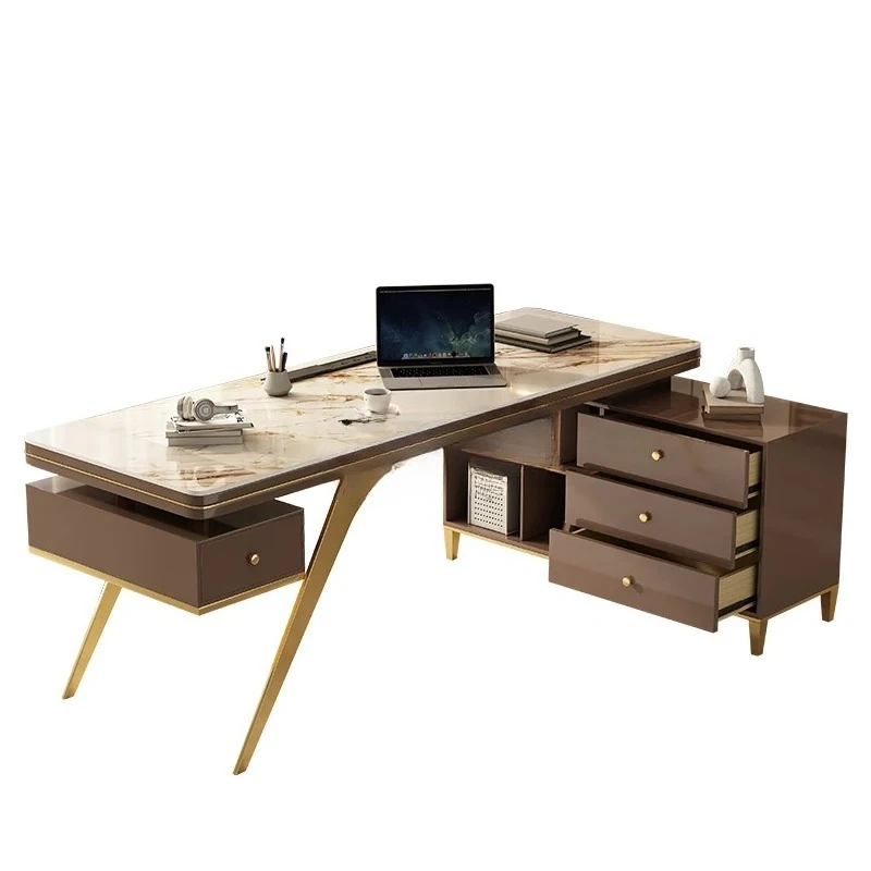 

Light luxury desk corner high-end home study rock slab computer desk modern simple with chest of drawers