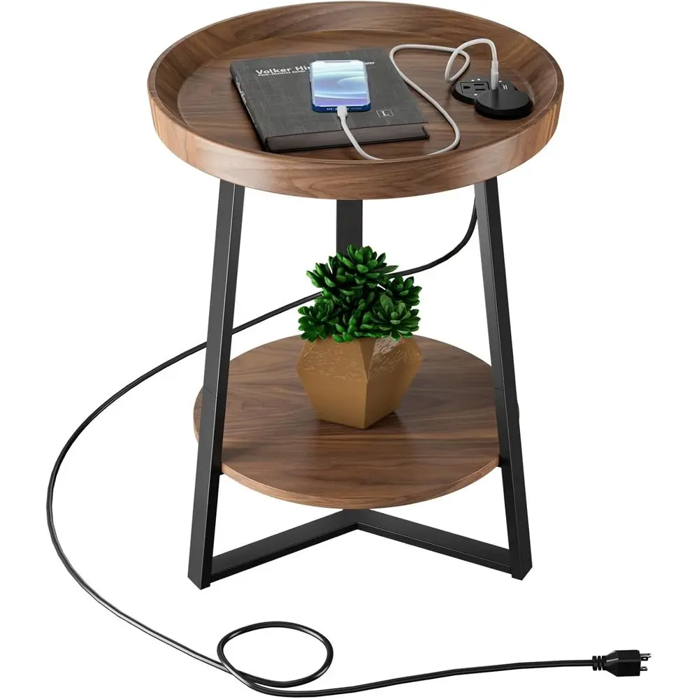 

Charging Station Round End Table with USB Ports, Wooden Top, Black Metal Frame, 2-Tier Side Table for Living Room, Bedroom, Brow