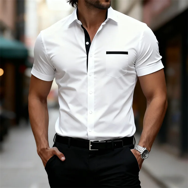 

Мужская черно-белая облегающая рубашка с короткими рукавами и цветными блоками, деловая повседневная рубашка с карманом, мужской топ с воротником.