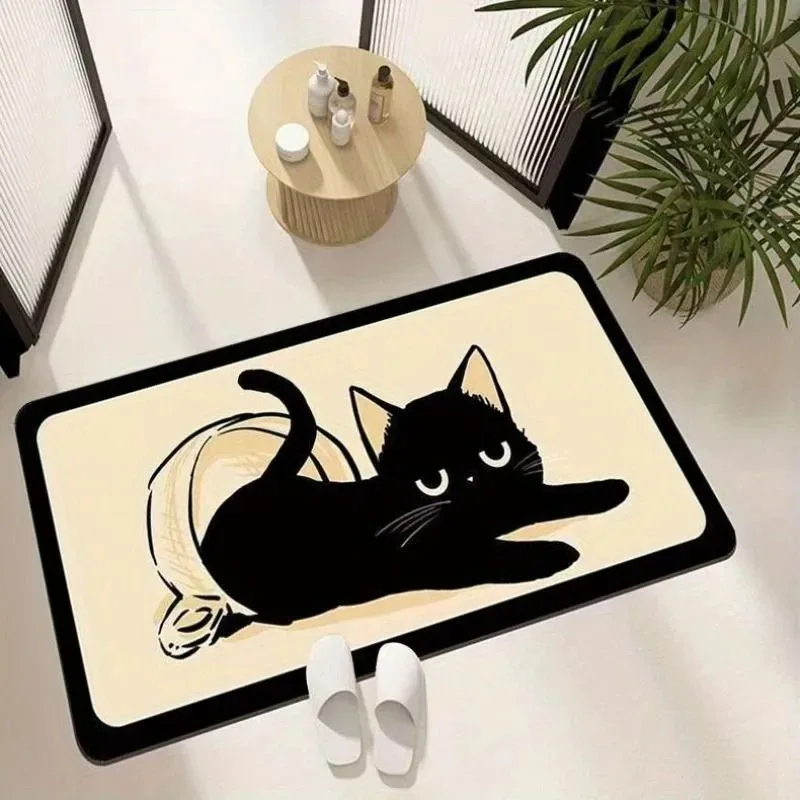Non-slip Lazy Black Cat Doormat with Drop Patterns Indoor Bath Entrance Kitchen Bedroom Carpet Home Decorative Mat