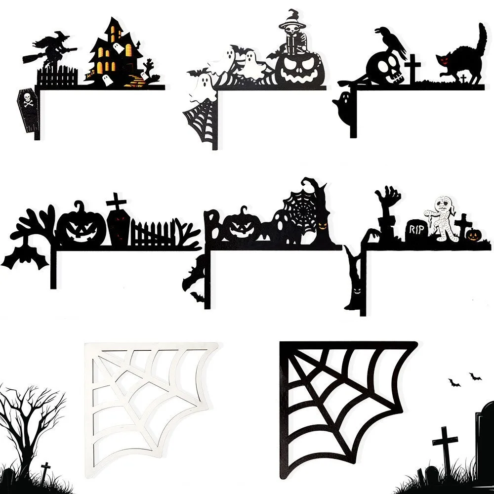 1pair Funny Party Decoration Halloween Door Frame Bats Pumpkins Wooden Door Corner Sign Spider Webs Door Frame Decoration Door