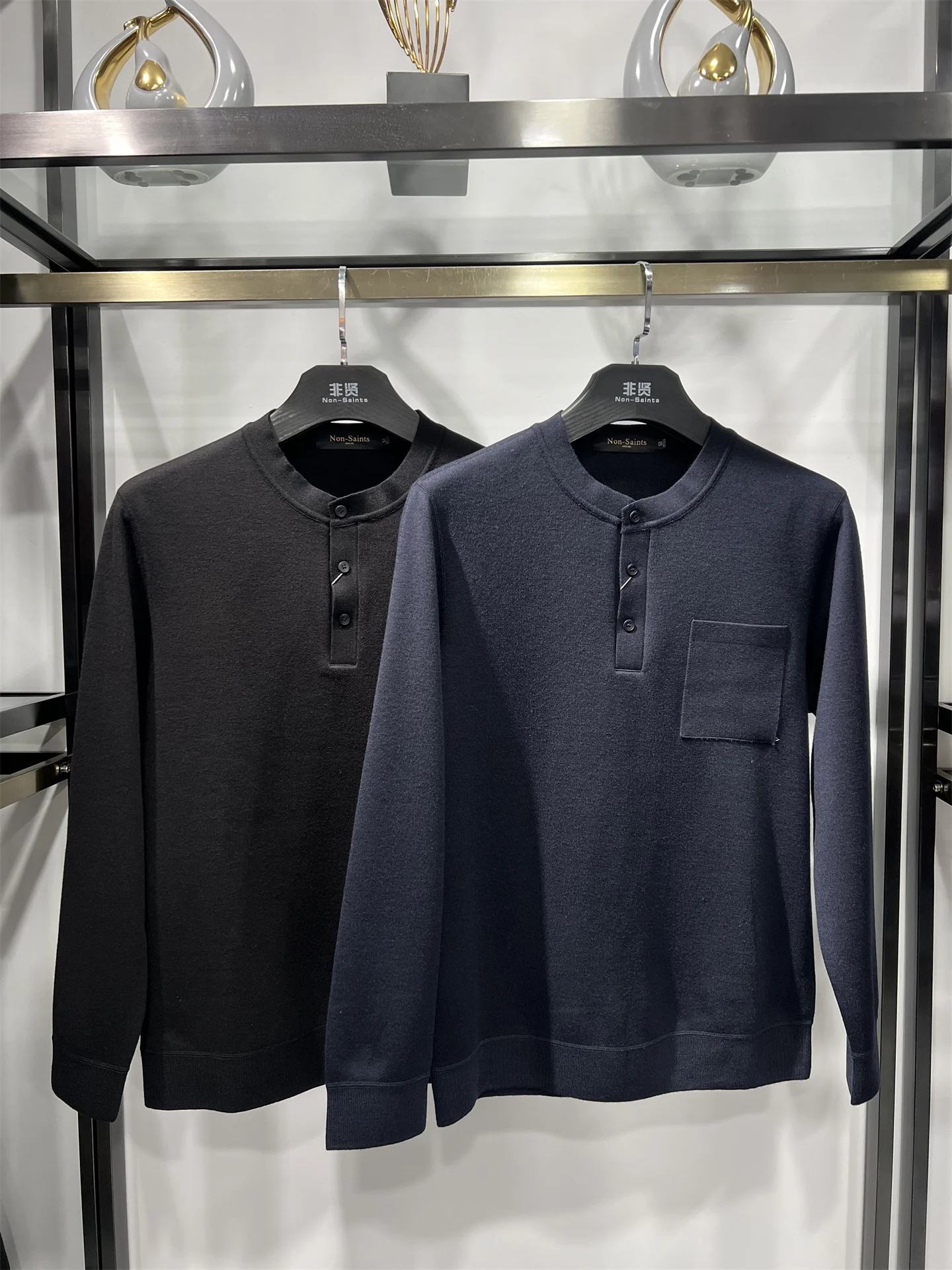 

Thiened Woolen Fce Lined Knitted Long Sve Hoodie for Men Warm Stand Fit Casual Sle Henry Collar T-irt with ket