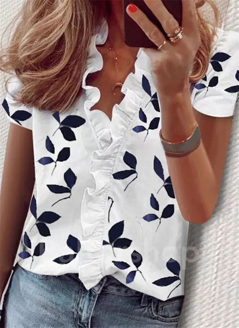 Casual Short Sleeve V-Neck Ruffles Blouses Elegant Office Ladies Shirt Summer Vintage Harajuku Slim Tops Female Boho Tunic Shirt