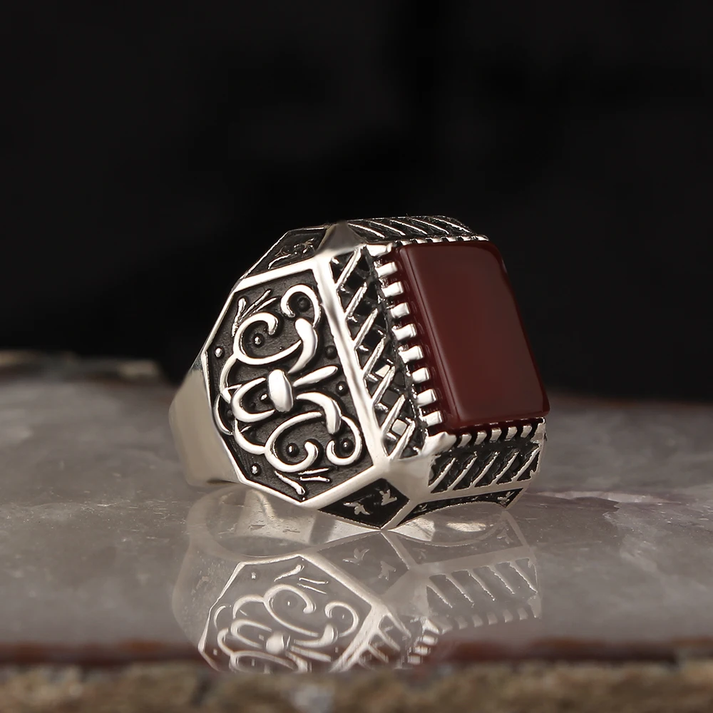 

Pen İşçilikli Agate Gemstone 925 Sterling Silver Men 'S Ring