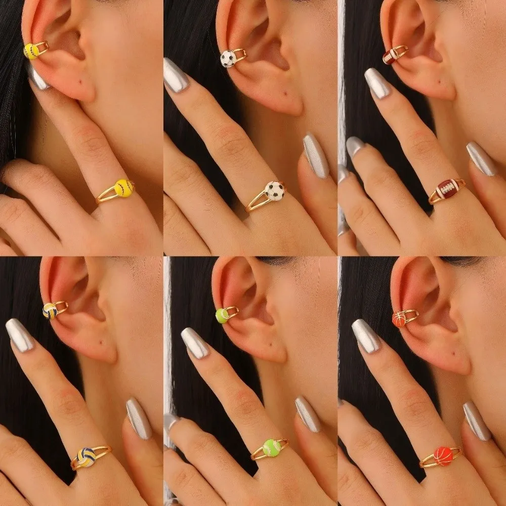 Colourful Adjustable Finger Ring Spherical Shape Dopamine Football Ear Clips Vintage Copper Sports Balls Shaped Open Rings