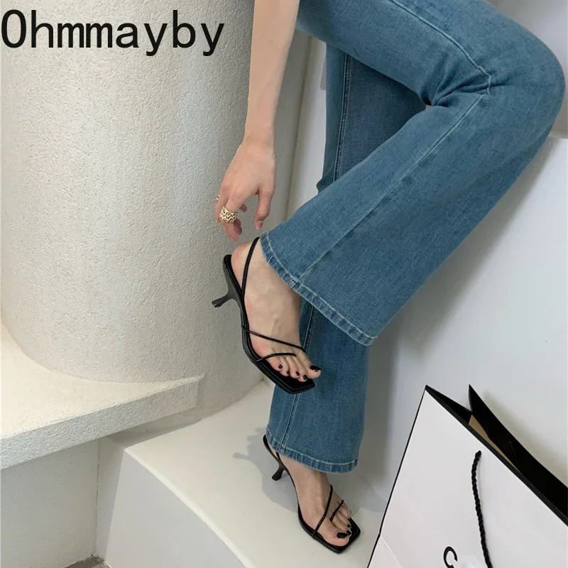 2024 Summers Women Slippers Fashion Elegant Narrow Band High Heel Slides Shoes Ladies Outdoor Gladiator Clip Toe Sandalias