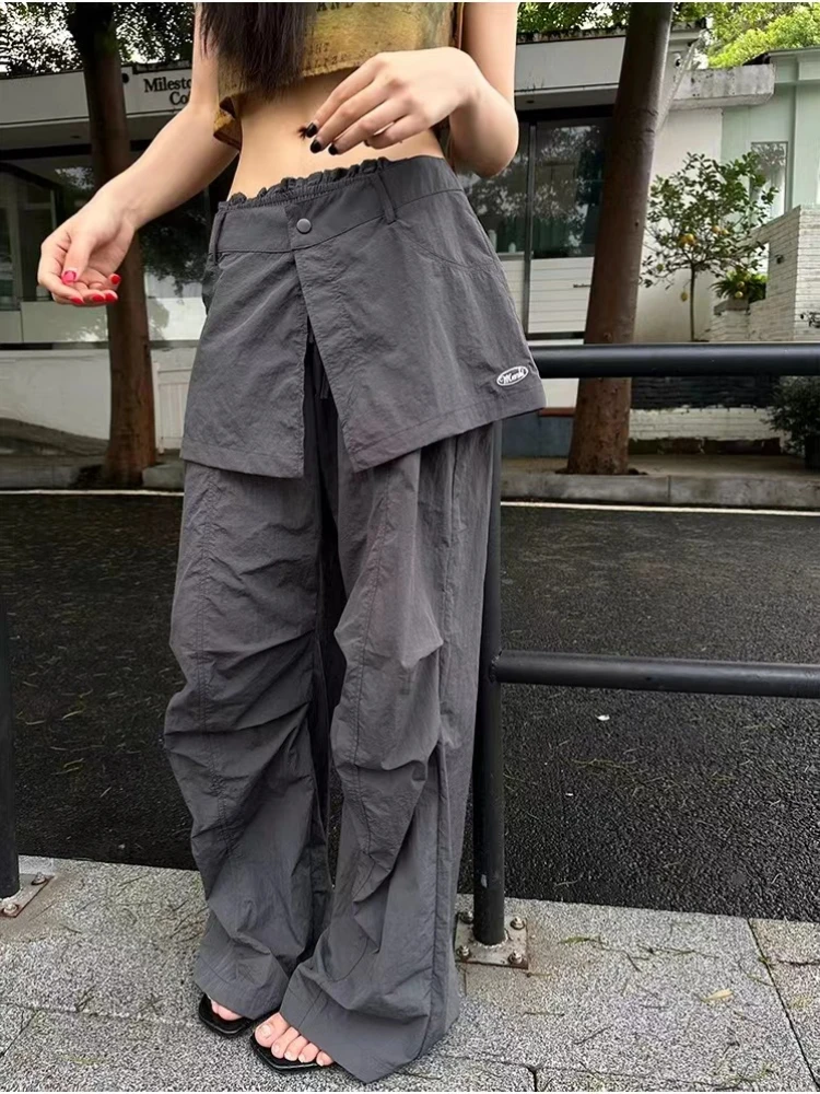 ADAgirl Grey Parachute Pants Woman Baggy Y2k Hip Hop Causal Patchwork Korean Straight Sweatpants Streetwear Retro Trouser Summer