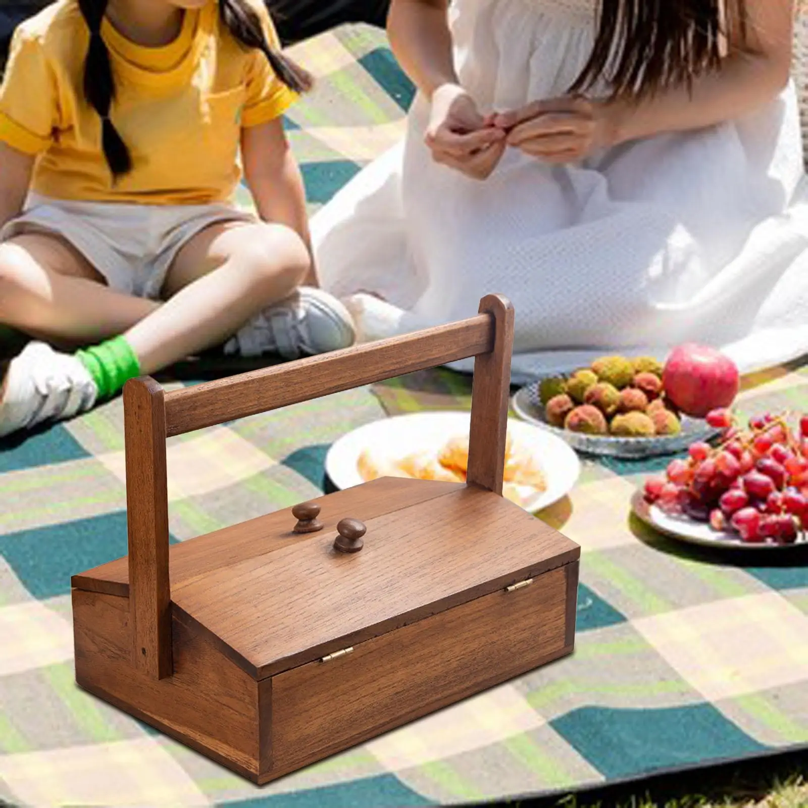 

Wood Picnic Basket with Handle and Cover Fruit Basket Traditional Food Storage Basket for Home Decor Fishing Camping BBQ Hiking
