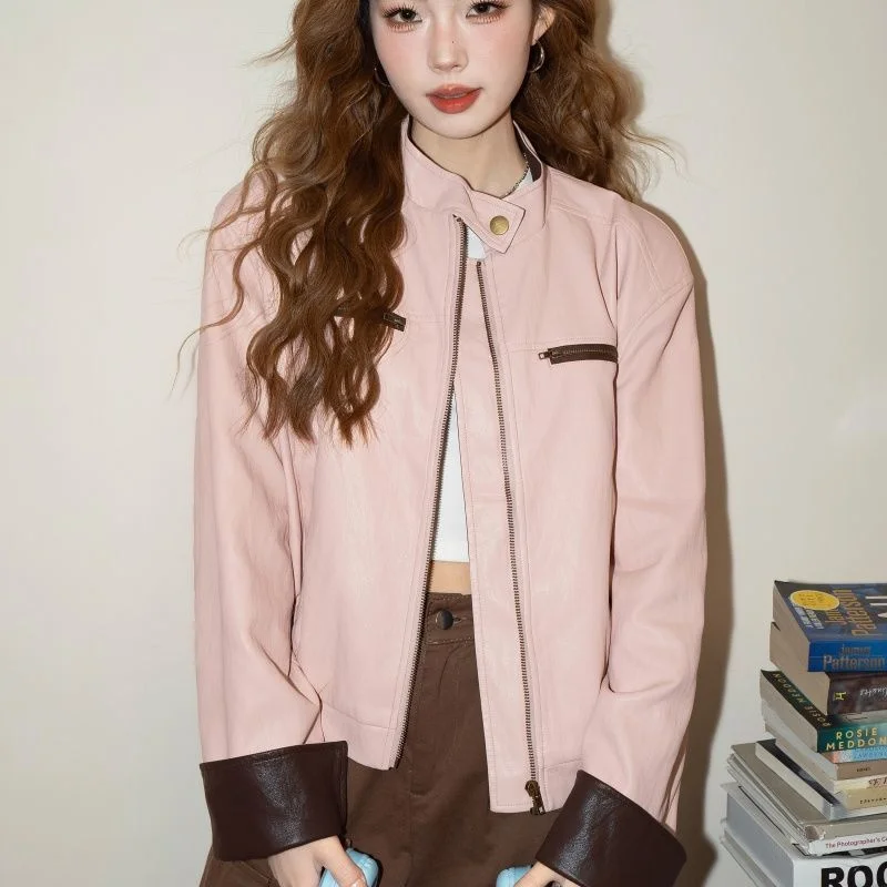 Korean Women Color Blocking Pu Leather Autumn Female Loose Faux Leather Outwear Spring Lady Stand Collar Leather Top Coat