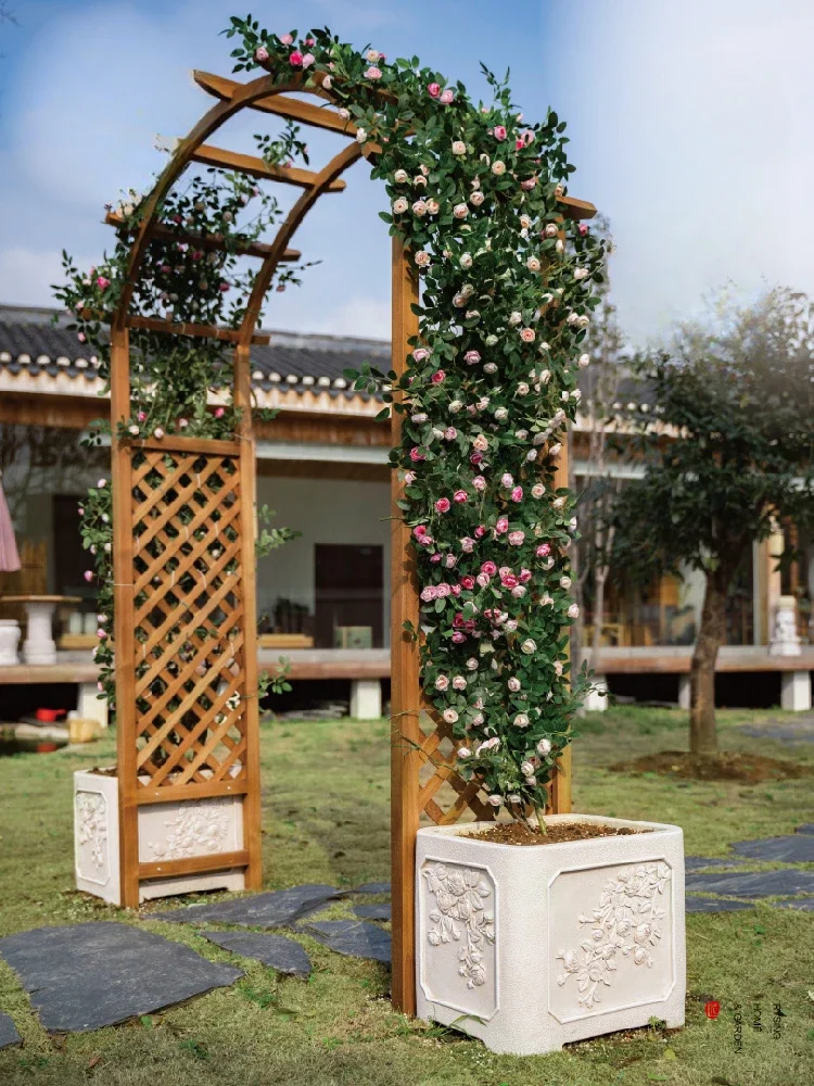 Garden landscaping, outdoor teak arch, flower rack with flower box, courtyard, rose climbing vine rack, grape rack