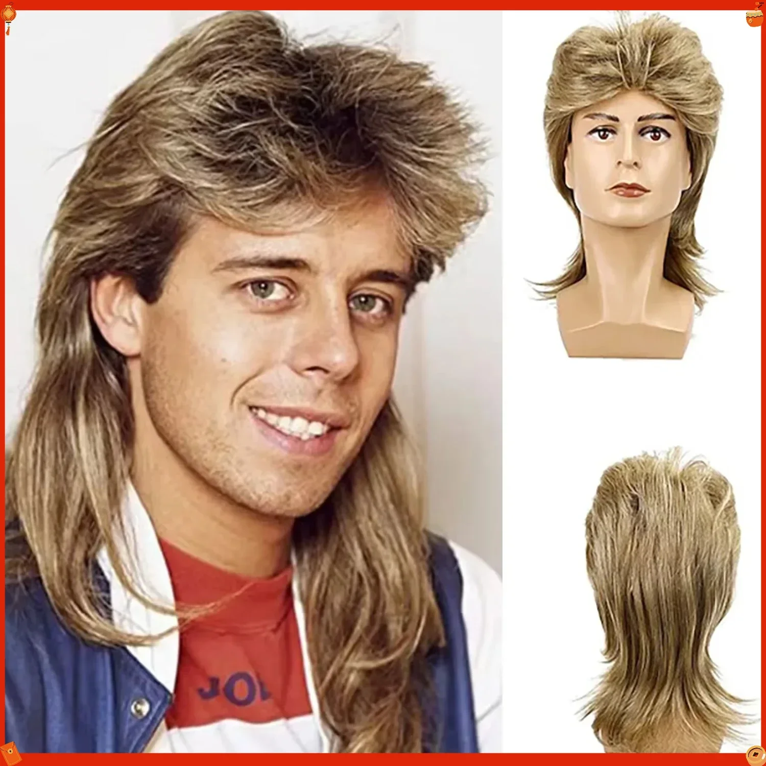 Peluca Sintética Estilo Mullet para Hombre, Negra, Retro, Estilo Años 70 y 80, Disfraz, Cabello Sintético, Anime, Cosplay, Fiesta, Halloween, Carnaval, Resistente al Calor