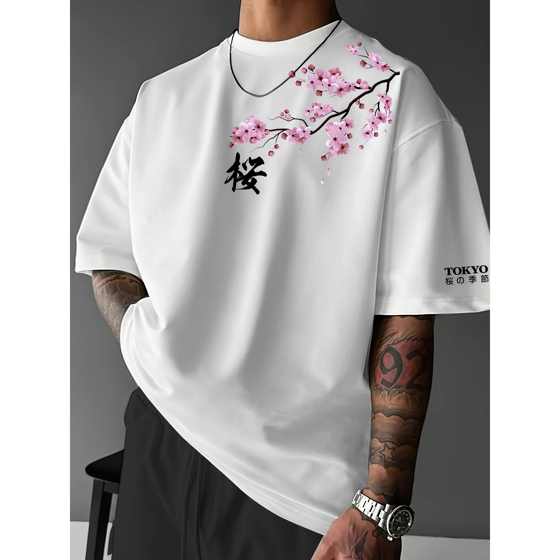 Zomer Heren T-shirt met kersenbloesempatroon Japanse stijl Losvallend T-shirt Geschikt voor dagelijks gebruik 100% katoen Materiaal Trendy Veelzijdig - afbeelding 2