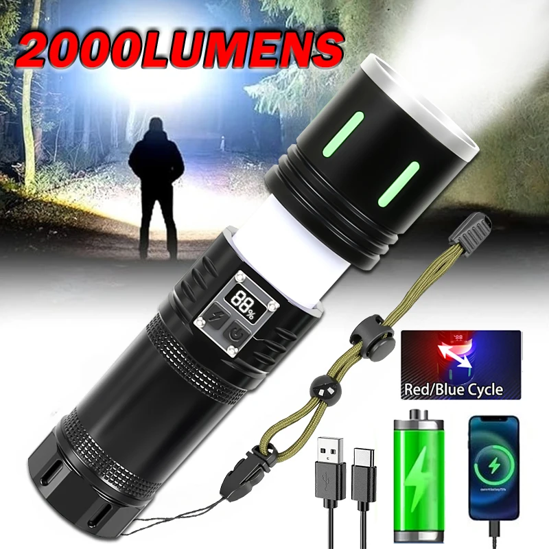 

2-in-1 Rechargeable LED Flashlight Built-in Battery High Power Zoom Handheld Tactical Light Power Bank Outdoor Camping Torch