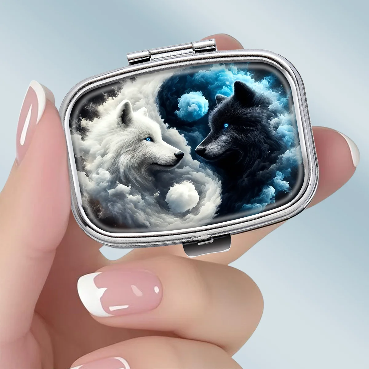 1PC compact 2-compartment square metal pill box, designed with a fantasy scene of two wolves in the clouds, a portable decorative vitamin storage box, or a unique gift for a wallet