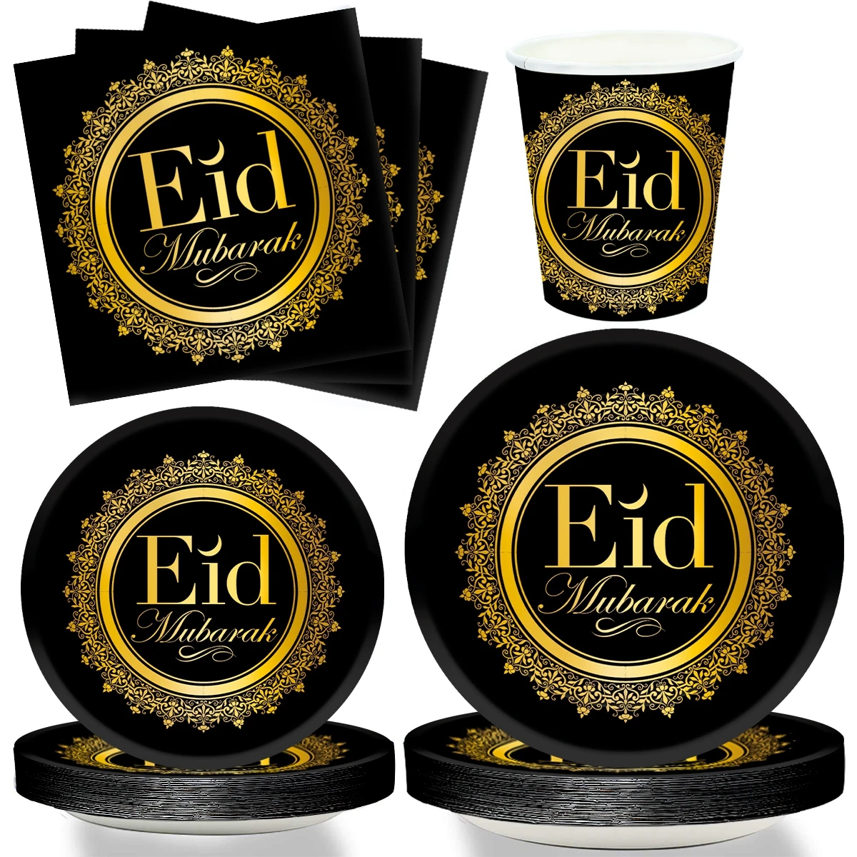 EID Mubarak Disposable Tableware Paper Plates Cup Napkin Ramadan Kareem Decoration For Home 2024 Muslim Islamic Eid Party Supply