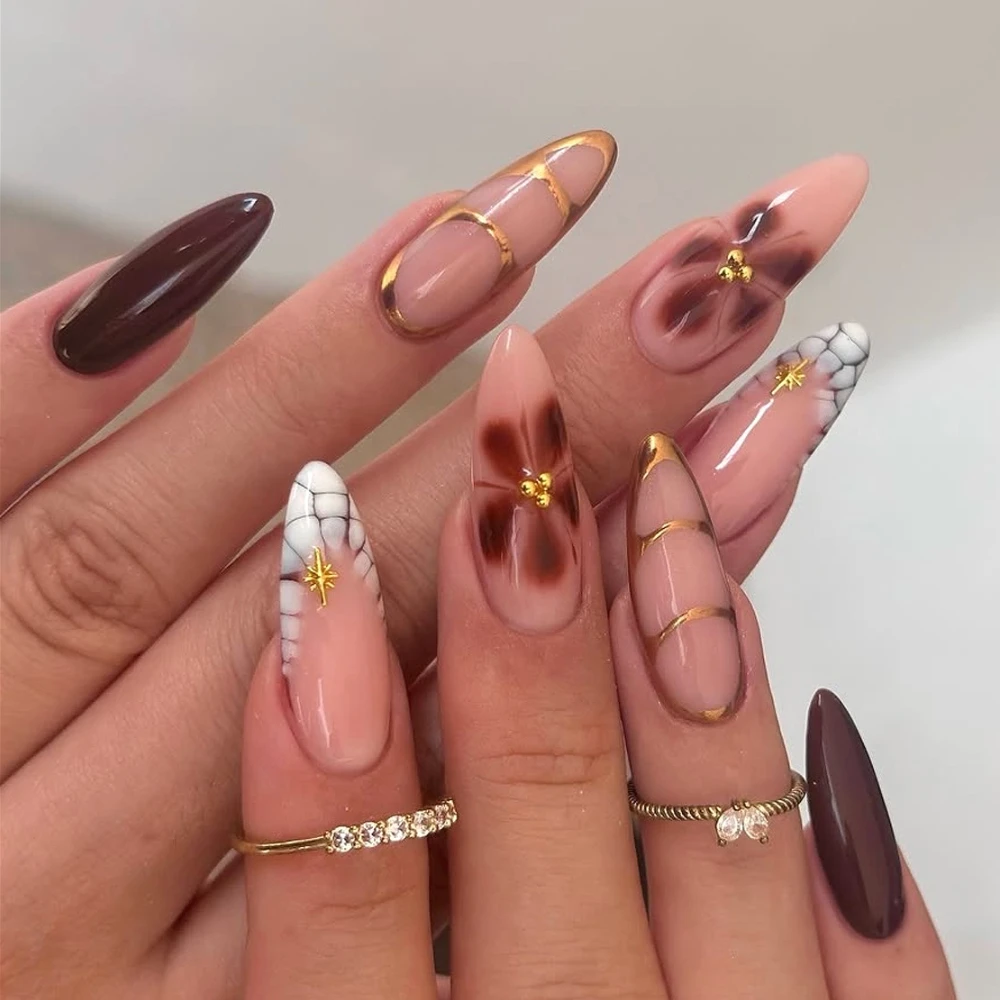

24Pcs Halo Dyeing Brown Flowers Fashion Snake Print Gold French Almond False Nails Detachable Finished Fake Nails Press on Nails