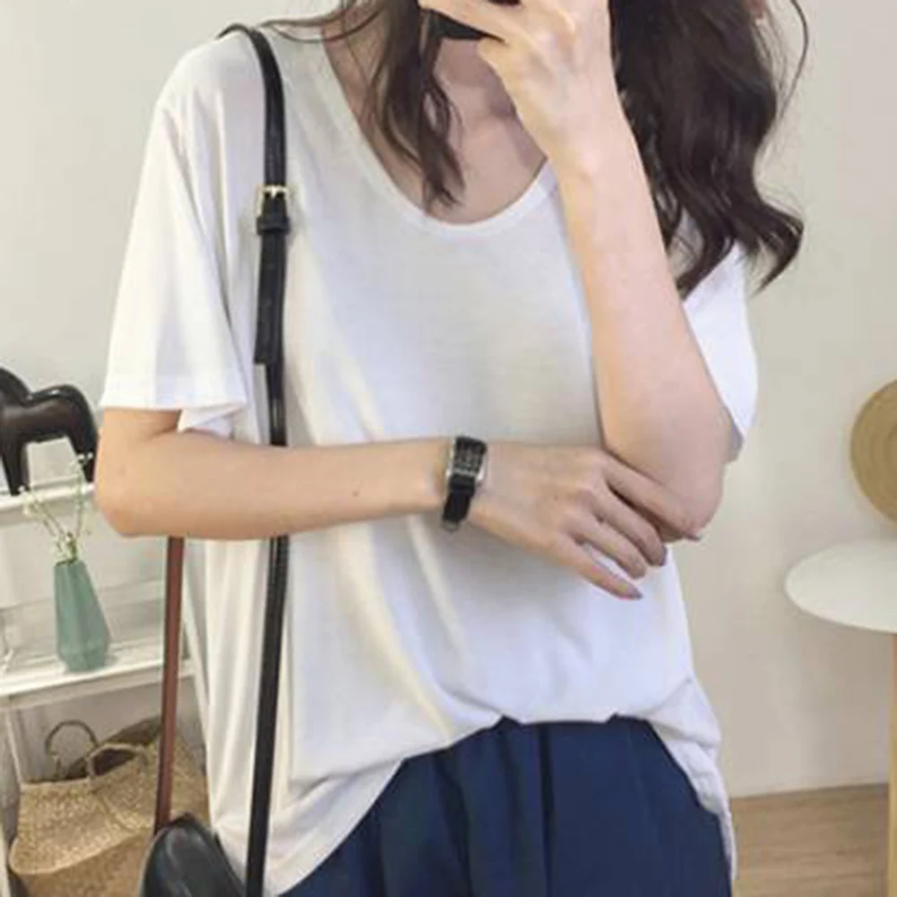 Women Summer Solid V Neck Loose Short Sleeve T-Shirt, Casual All-Match Fashion Top in Pink White Dark Khaki Black, Sizes M-2XL