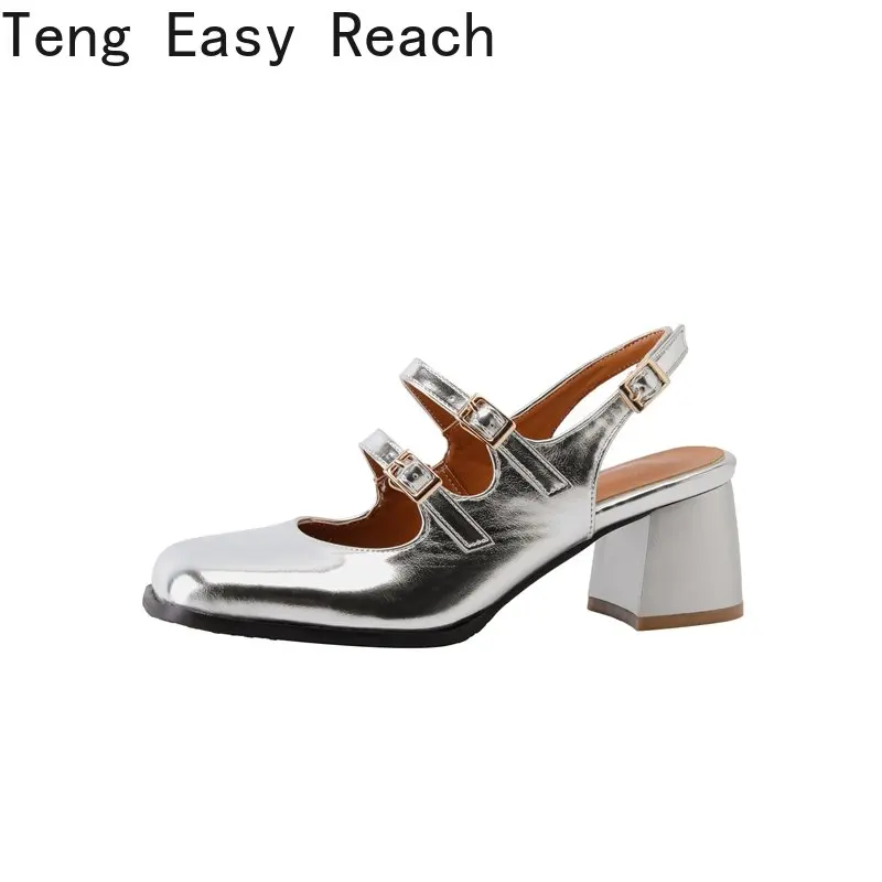 Plus Size 44 45 46 Black Silver Chunky High Heels Mary Jane Shoes Women Square Toe Double Buckle Pumps Slingback Ladies Sandals