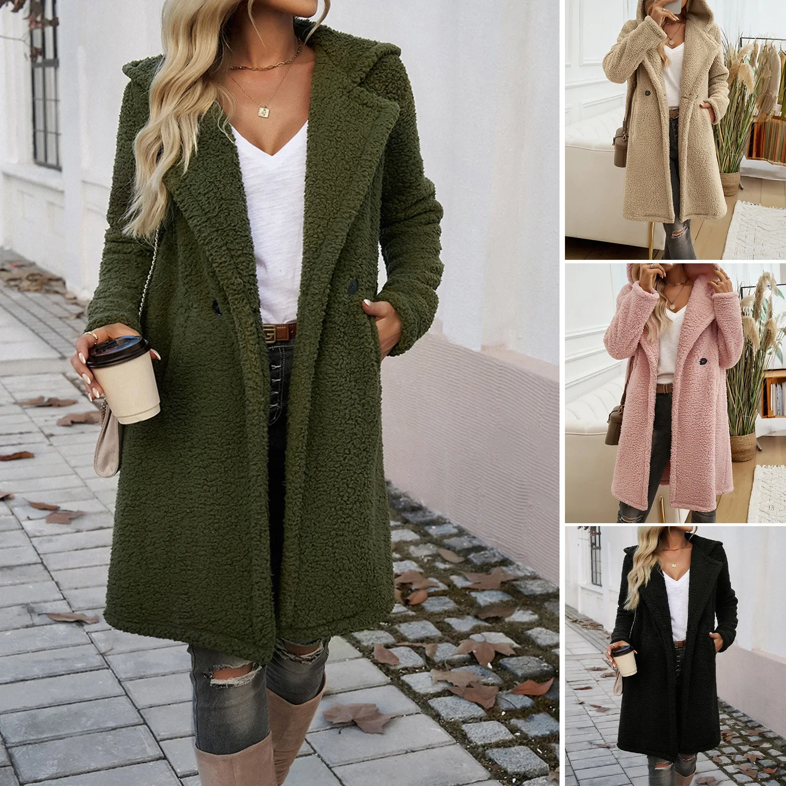 

New 2025 Winter Women's Woolen Overcoat Female Solid Lapel Thicken Warm Jacket Lady's Loose Hooded Knitted Jacket Women's Coat