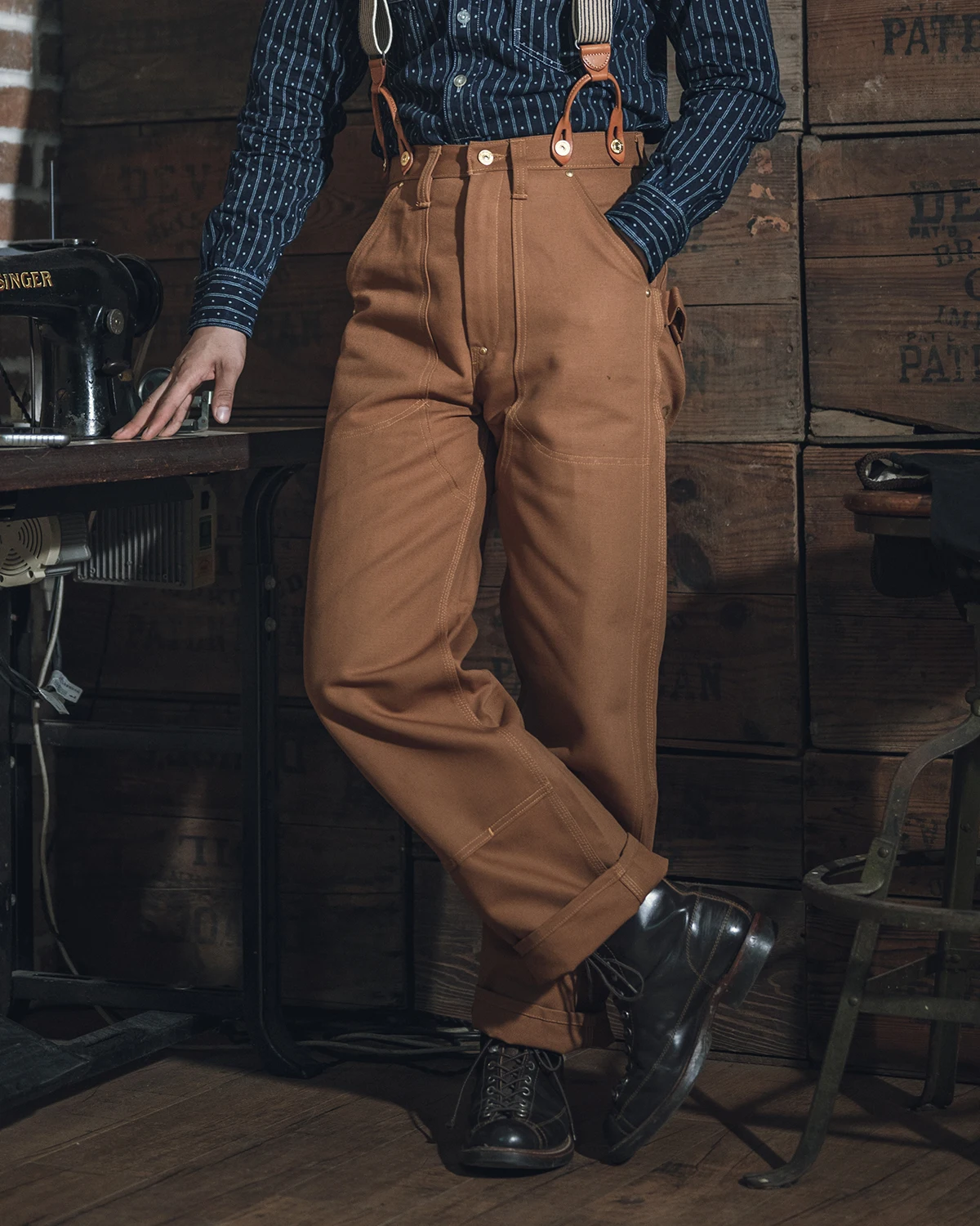 

Red Bronson Heavyweight Canvas Work Trousers Men's Retro High Waist Long Pants Double Knee Reinforcement Straight Leg Jeans