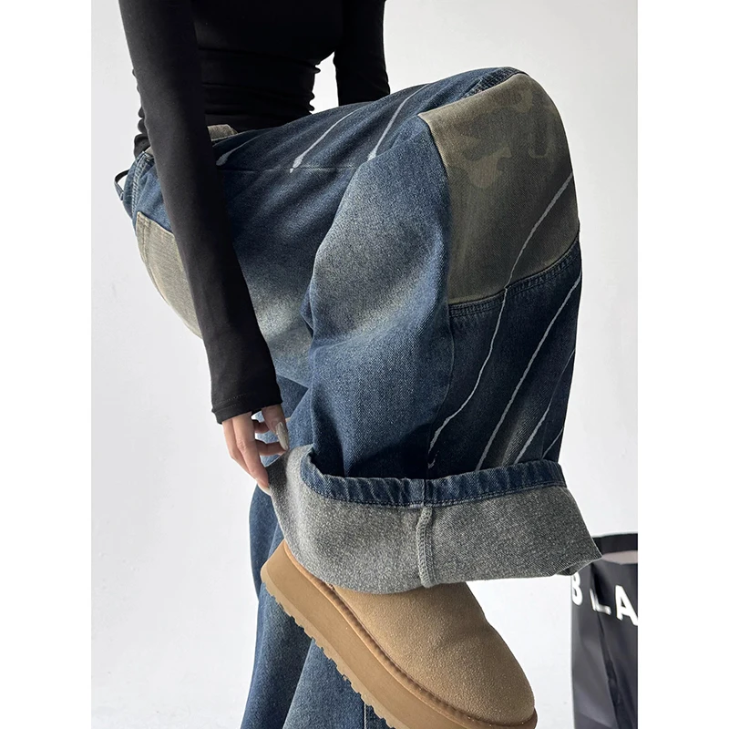 Y2k americano retro jeans feminino lavado camuflagem outono inverno cintura alta solto ajuste curvo calças versáteis na moda