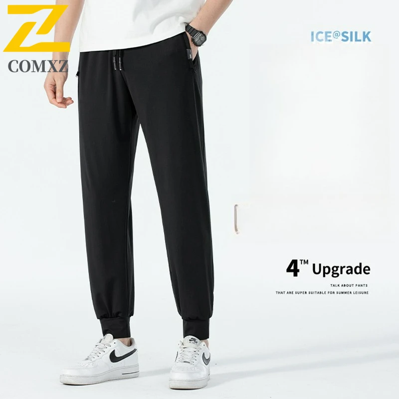 

8xl Ice Silk Man Sweatpants Riding With Zip Pocket Summer Lightweight Track Pants For Men Outdoor Jogging Hiking Casual Trousers