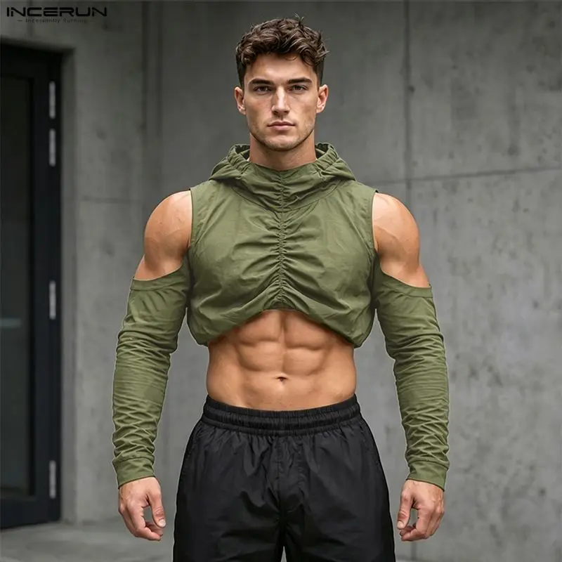 INCERUN Men's T Shirt Solid Color Pleated Off Shoulder Long Sleeve Hooded Men Clothes Streetwear Loose 2026 Crop Tops For Man