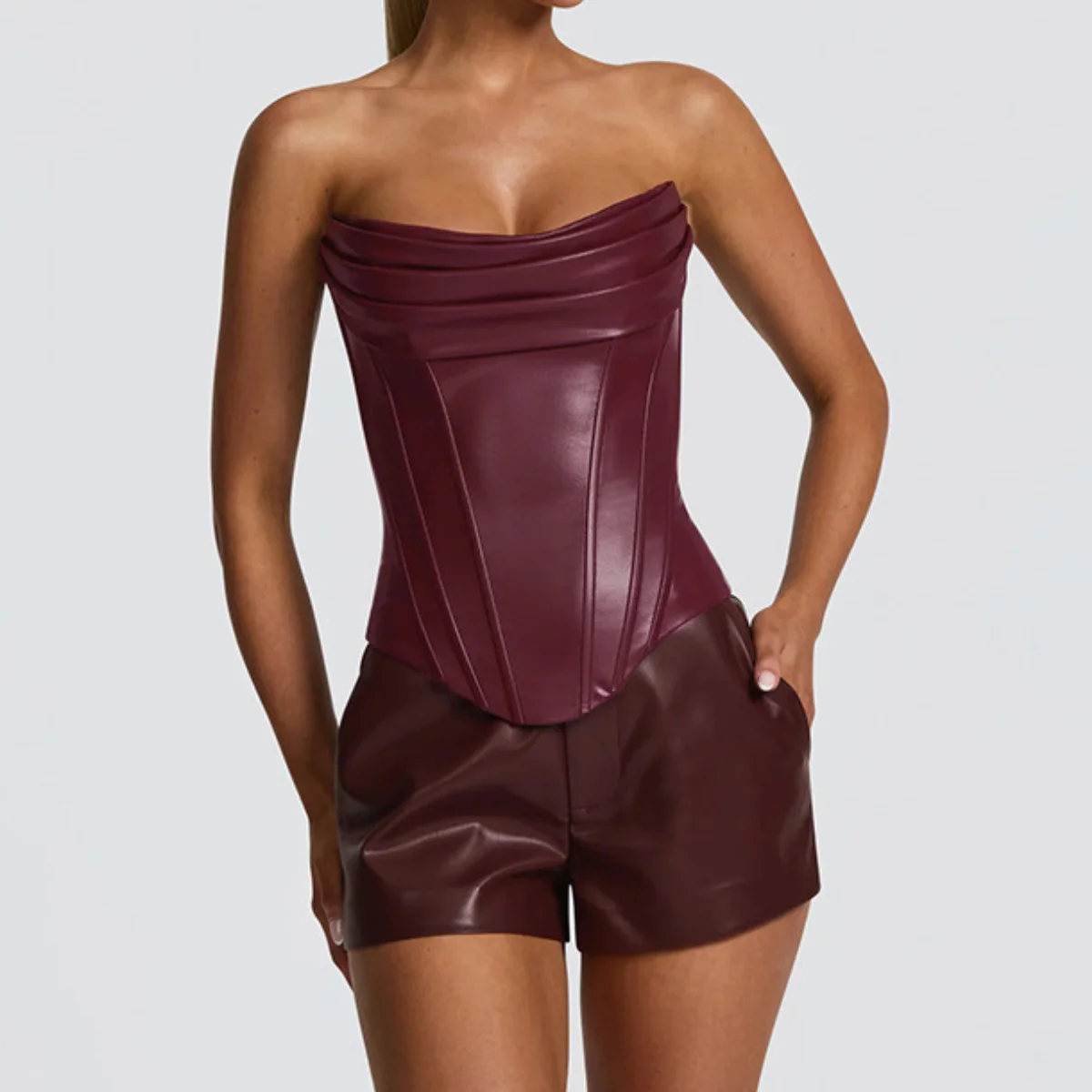 

Pu Leather Corset Women Sexy Solid Color Pleated Vest Fishbone Strapless Tank Tops Drawstring Shaper Summer Y2k Clothes Crop Top
