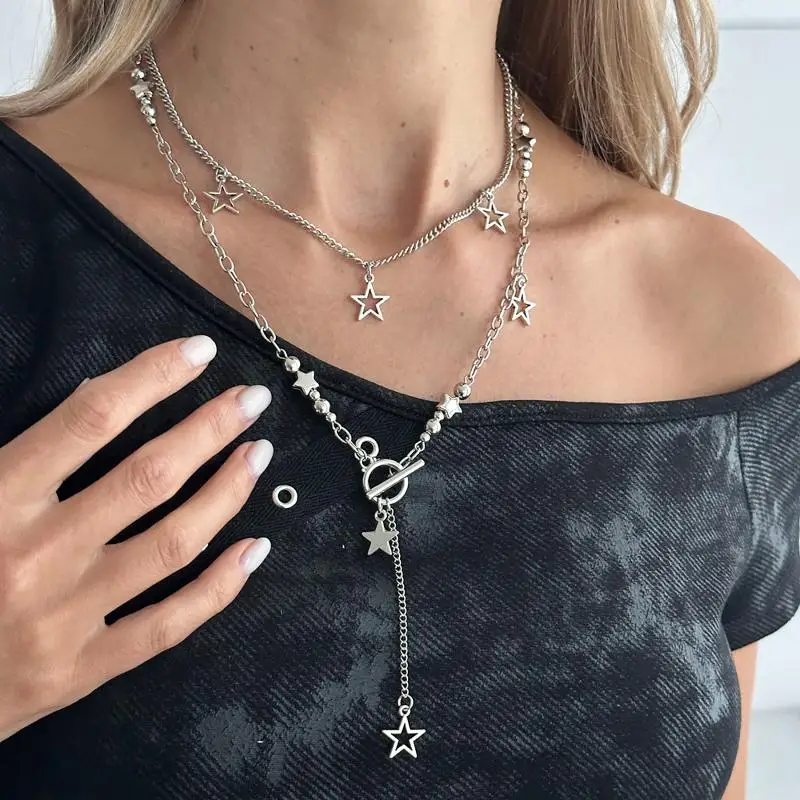 Trendy Aesthetic Punk Rock Silver Vortex Star Pendant Layered Necklace for Men Women Party Daily Wear Jewelry