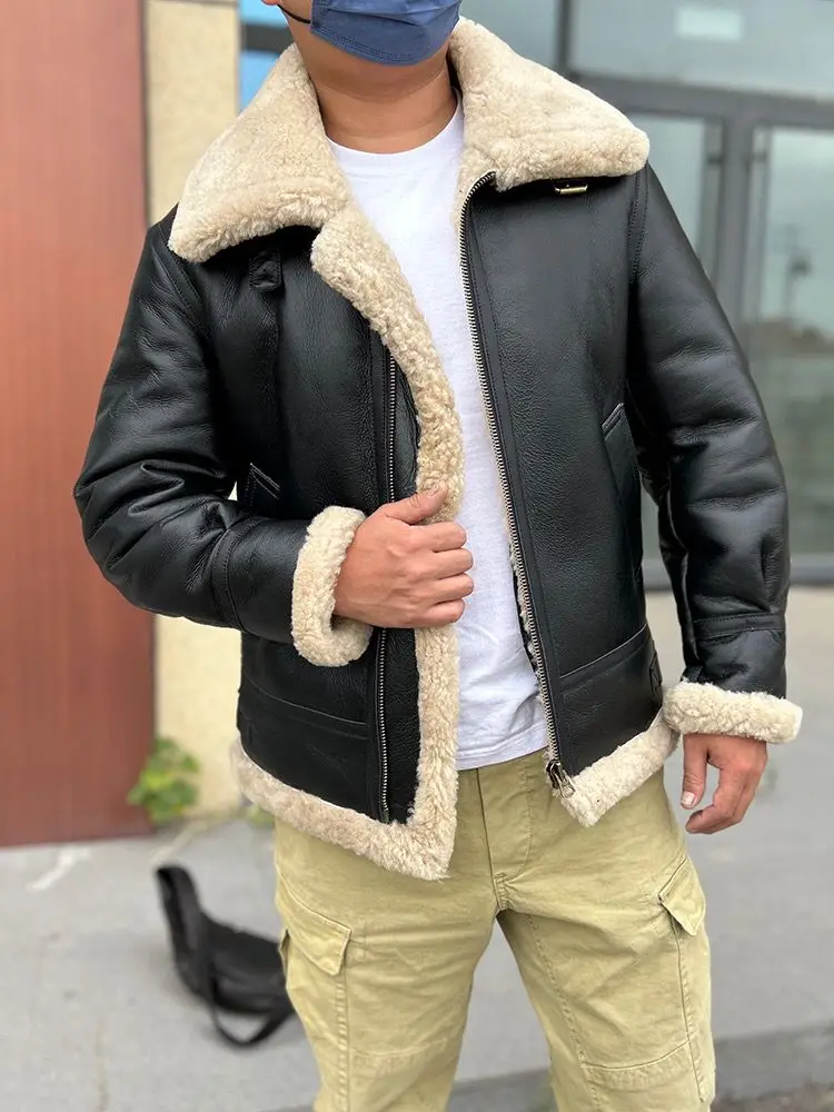 

Men's Winter Warm Short Coat Genuine Natural Sheepskin Lambskin Jacket for Male Thick Wool Liner Black Plus Big Size 58 60 62