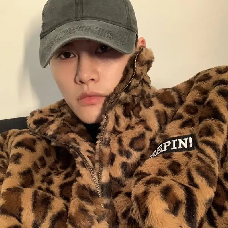 Kurtka polarowa w panterkę dla kobiet i mężczyzn, modna jesienno-zimowa kurtka z kapturem na zamek błyskawiczny, luźna, bawełniana, wiatroodporna.